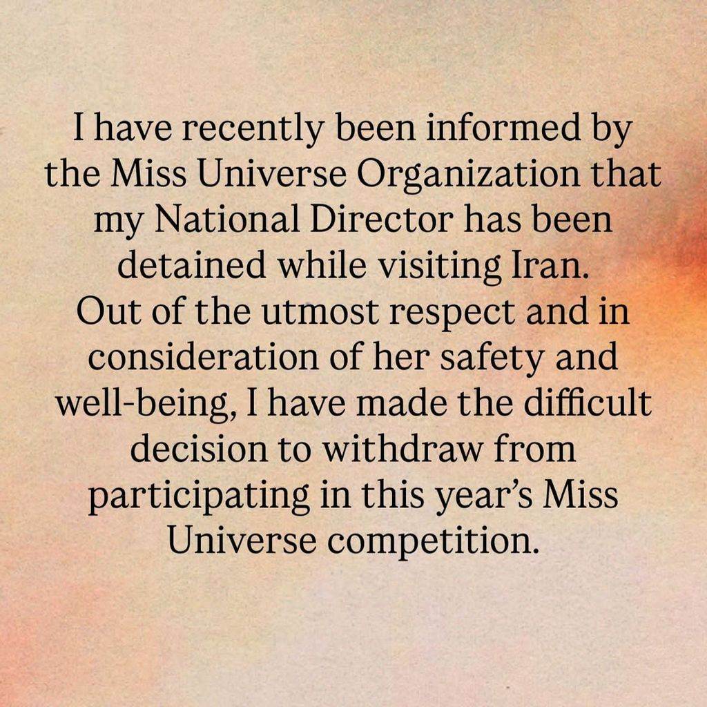 Sahar Biniaz, Miss Universe Persia 2025, se retira por segunda vez de la competencia